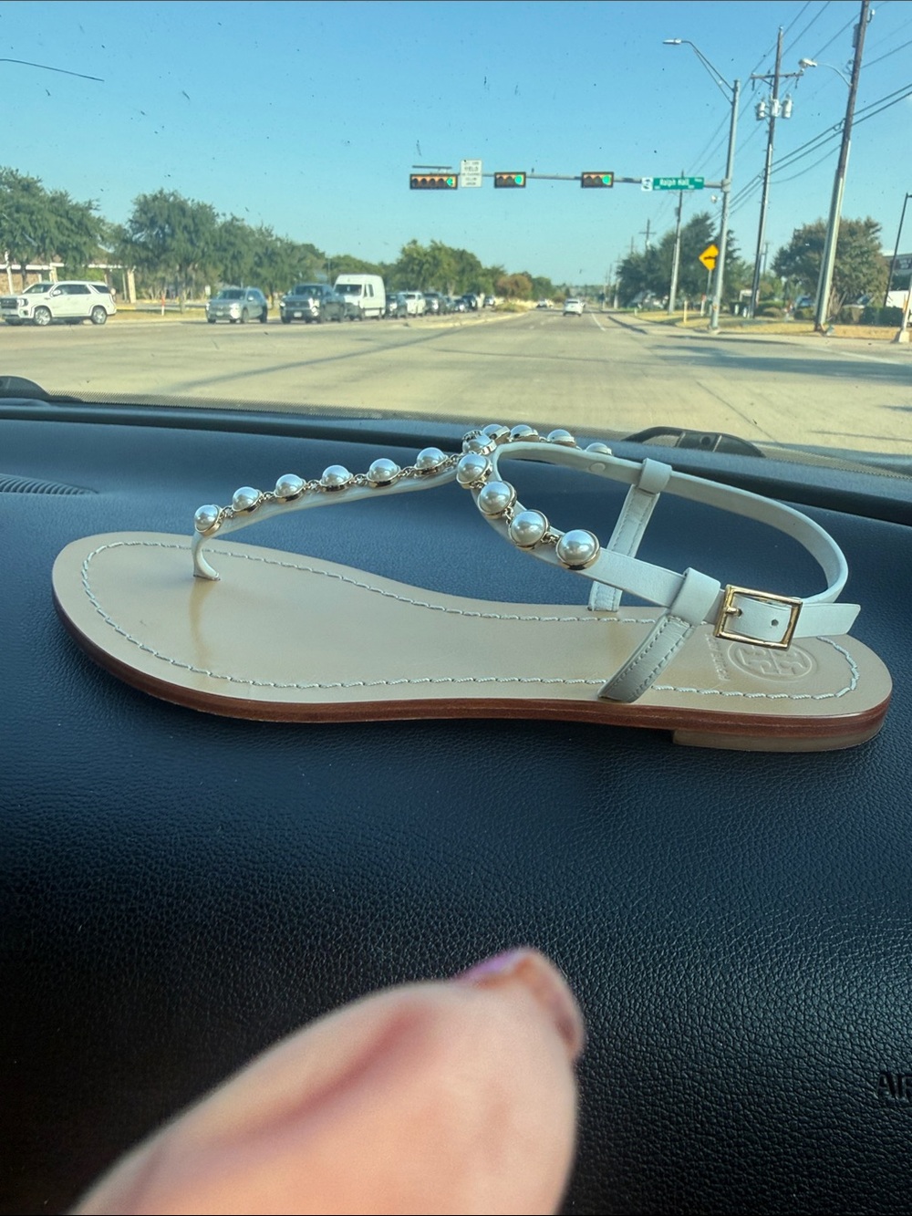 Tory Burch Cream Leather T-Strap Sandals with Gold Hardware